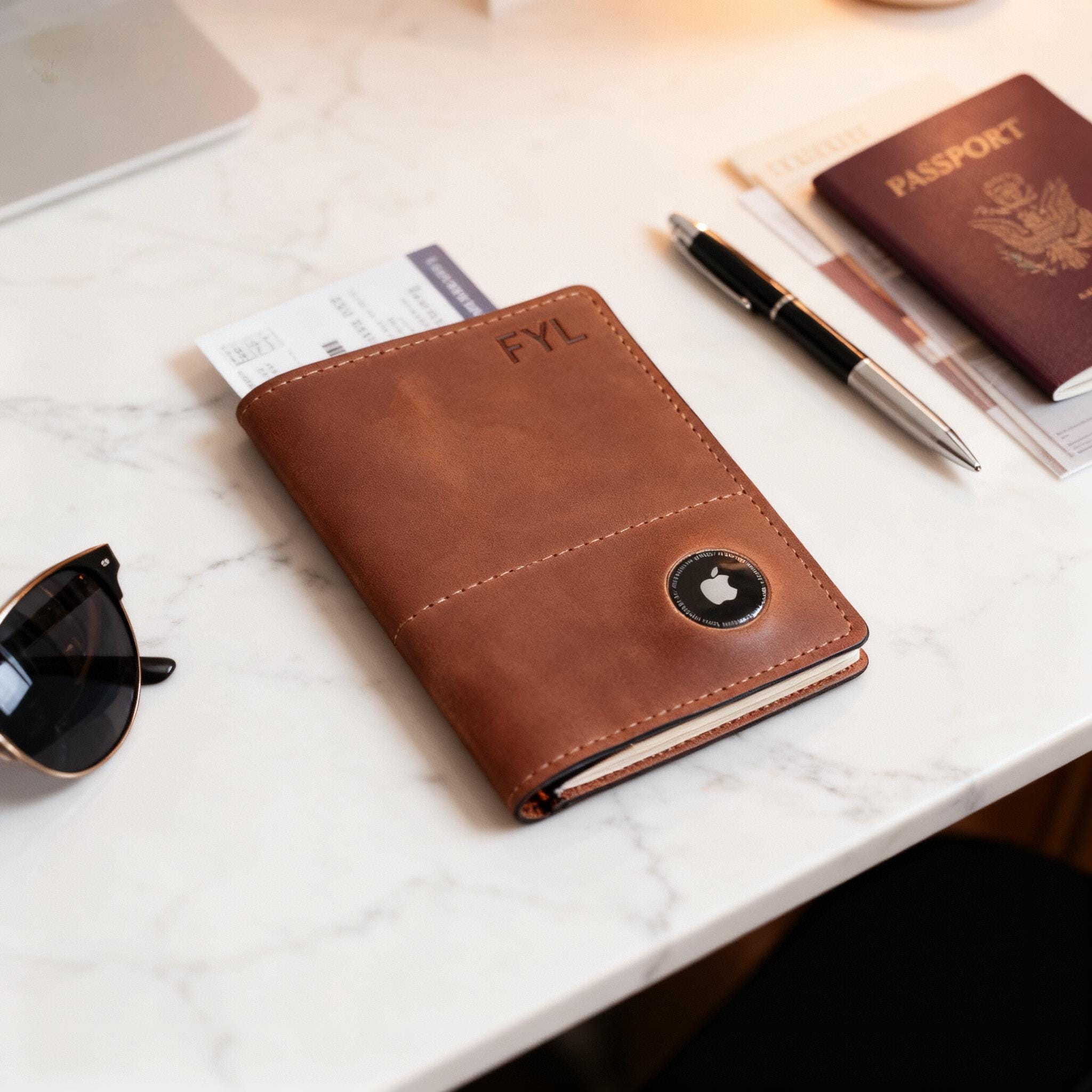 Handcrafted Leather Passport Cover - Luxury Travel Gift - Custom Passport holder with AirTag Slot - VIP Client Gift - Travel Agency Branding