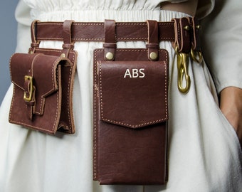 Cinturón de utilidad de riñonera de cuero personalizado con bolso pequeño, funda para teléfono y llavero: regalo hecho a mano para esposa, novia, hija
