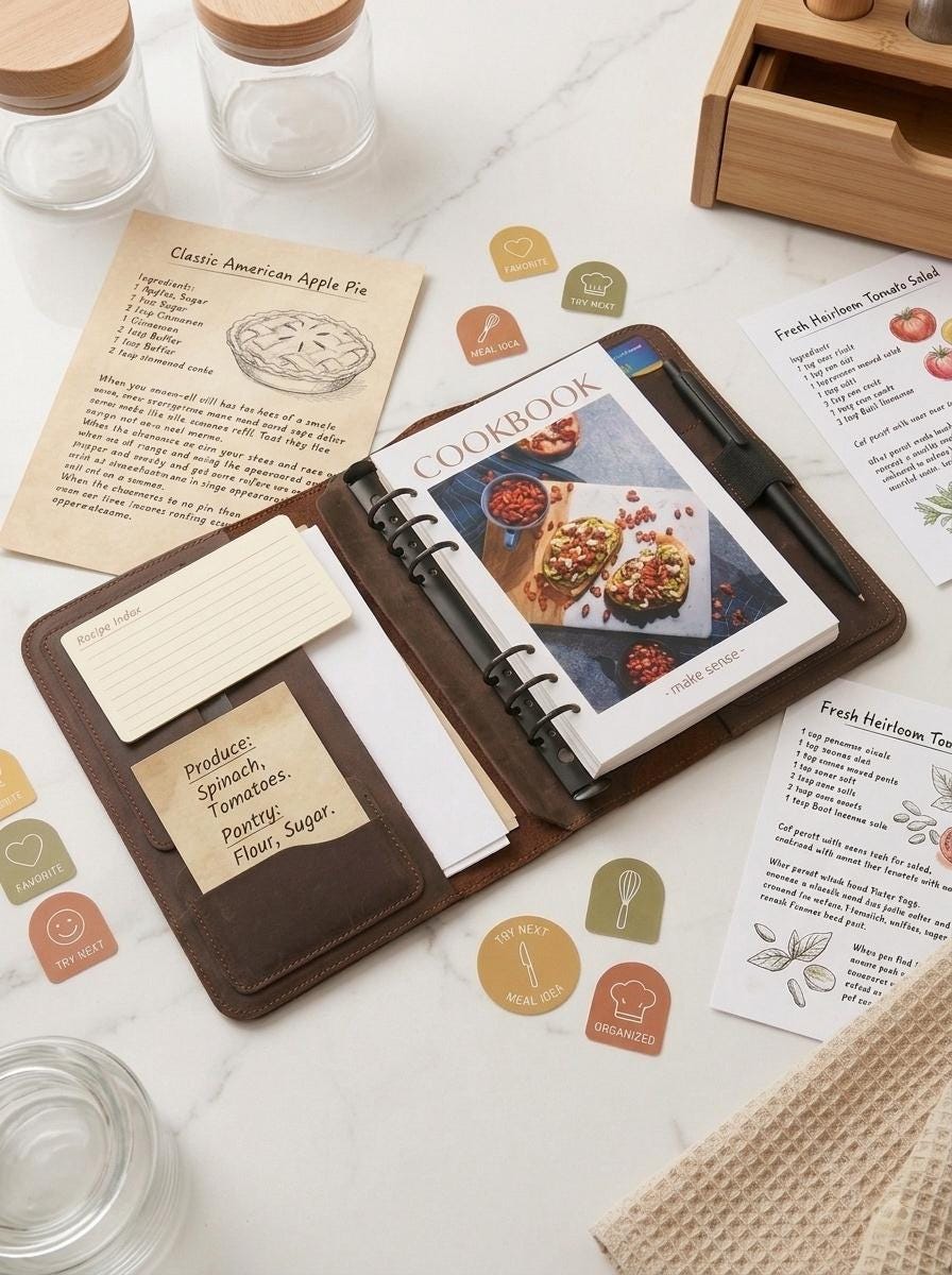 A5 Leather Recipe Organizer, Refillable 6 Ring Cookbook Binder, Kitchen Recipe Keeper