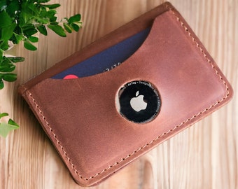 Personalized Leather Wallet with AirTag Holder - Customizable Minimalist Card Case for Men and Women - Father's Day or Mother's Day Gift