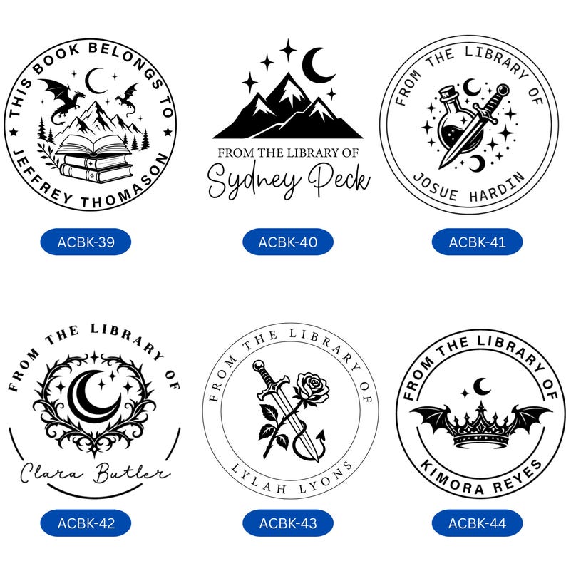 May include: Six circular black and white custom book embosser designs featuring various motifs including mountains, dragons, open books, swords, potion bottles, roses, moons, stars, and crowns, each with personalized names and library text labels.