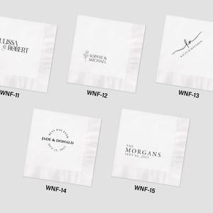 May include: Five square white paper napkins featuring black printed text and designs. The designs include names and dates labeled WNF-11, WNF-12, WNF-13, WNF-14, and WNF-15. Each napkin displays unique typography, including script and serif fonts, with some featuring floral icons.