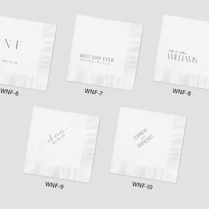 May include: Five square white paper napkins featuring black printed text and designs. The designs include initials N F with a date, the text BEST DAY EVER with names and a date, Mr & Mrs WILLIAMS, the word cheers with a date, and names MARINA and BRAEDEN.