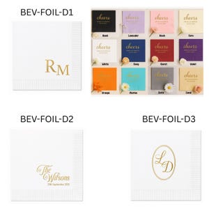 May include: A collection of square paper napkins featuring gold foil stamping. Designs include monograms like RM and LD, the text The Wilsons, and various color options labeled cheers with names and dates, including black, lavender, blush, ecru, white, navy, claret, violet, orange, marine, slate, and sand.