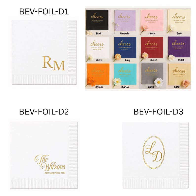 May include: A collection of square paper napkins featuring gold foil stamping. Designs include monograms like RM and LD, the text The Wilsons, and various color options labeled cheers with names and dates, including black, lavender, blush, ecru, white, navy, claret, violet, orange, marine, slate, and sand.