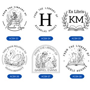 May include: A collection of six circular and arched black and white custom book stamp designs featuring illustrations of a skeleton, a letter H, initials KM, a swan, a person reading, and a cat, each with personalized names and library text.
