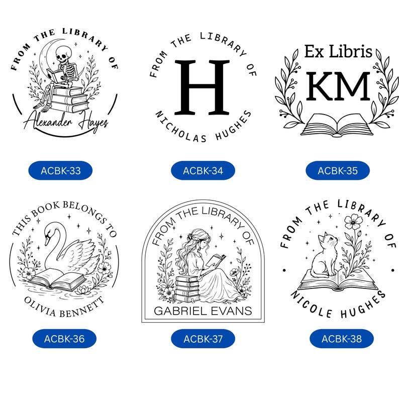 May include: A collection of six circular and arched black and white custom book stamp designs featuring illustrations of a skeleton, a letter H, initials KM, a swan, a person reading, and a cat, each with personalized names and library text.
