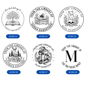 May include: Six circular black and white custom library stamp designs. Designs include a tree on a book, a bee on books, a cat on a skull, a deer on books, a snake coiled around a book, and a large letter M. Each stamp features text labels.