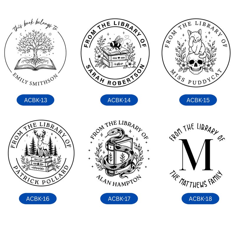 May include: Six circular black and white custom library stamp designs. Designs include a tree on a book, a bee on books, a cat on a skull, a deer on books, a snake coiled around a book, and a large letter M. Each stamp features text labels.