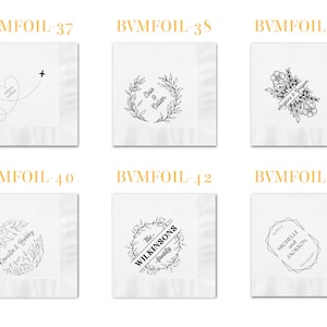 May include: Six white square paper napkins featuring black ink designs. Designs include a flight path with a heart, various botanical wreaths with names like Elsie & Callen, Kamila & Bobby, and The Wilkinsons, plus floral and geometric frame motifs.