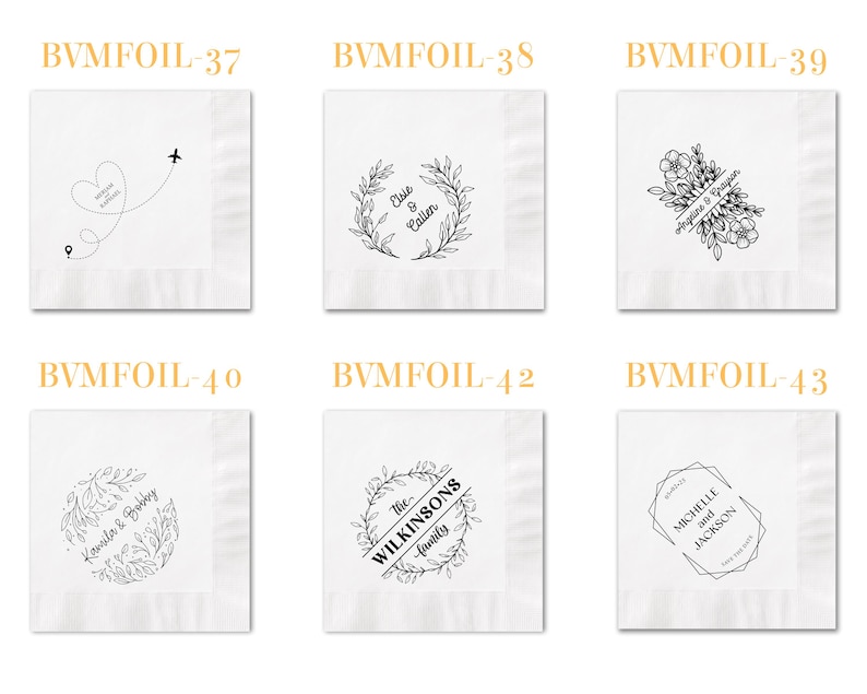 May include: Six white square paper napkins featuring black ink designs. Designs include a flight path with a heart, various botanical wreaths with names like Elsie & Callen, Kamila & Bobby, and The Wilkinsons, plus floral and geometric frame motifs.