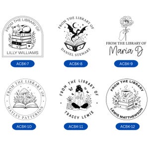 May include: Six circular and arched black and white custom library stamp designs featuring illustrations of cats, dragons, flowers, mushrooms, and people reading books, each with the text FROM THE LIBRARY OF and individual names.