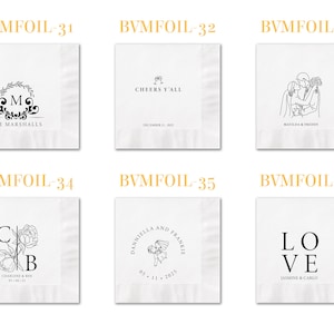 May include: Six white square paper napkins featuring black foil-stamped designs. Each napkin displays unique wedding-themed graphics, including monograms, line art of couples, floral illustrations, and text such as THE MARSHALLS, CHEERS Y'ALL, MATILDA & FREDDY, CHARLENE & BEN, DANNIELLA AND FRANKIE, and LOVE JASMINE & CARLO.