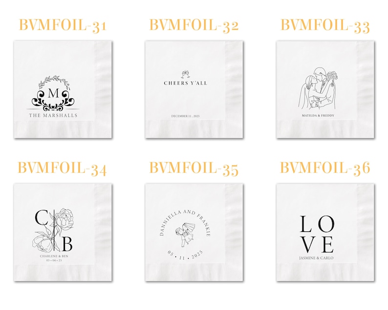 May include: Six white square paper napkins featuring black foil-stamped designs. Each napkin displays unique wedding-themed graphics, including monograms, line art of couples, floral illustrations, and text such as THE MARSHALLS, CHEERS Y'ALL, MATILDA & FREDDY, CHARLENE & BEN, DANNIELLA AND FRANKIE, and LOVE JASMINE & CARLO.