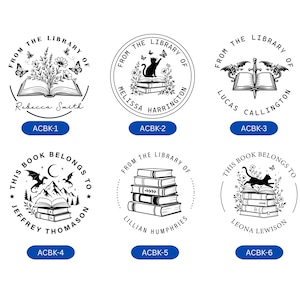 May include: Six circular black and white custom book stamp designs featuring illustrations of open books, stacks of books, cats, dragons, mountains, and floral motifs with personalized names and text including From The Library Of and This Book Belongs To.