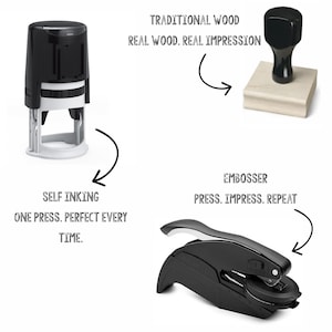 May include: A black and white self-inking stamp, a wooden handle stamp with a black knob, and a black handheld embosser. Text includes: SELF INKING ONE PRESS. PERFECT EVERY TIME. TRADITIONAL WOOD REAL WOOD. REAL IMPRESSION. EMBOSSER PRESS. IMPRESS. REPEAT.