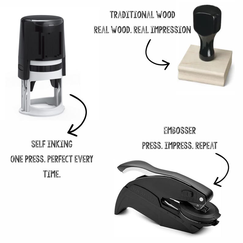 May include: A black and white self-inking stamp, a wooden handle stamp with a black knob, and a black handheld embosser. Text includes: SELF INKING ONE PRESS. PERFECT EVERY TIME. TRADITIONAL WOOD REAL WOOD. REAL IMPRESSION. EMBOSSER PRESS. IMPRESS. REPEAT.