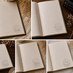 May include: A collection of open books featuring circular and arched embossed stamps on the cream-colored pages. Each stamp displays unique illustrations such as a cat on books, a sword, and a dragon, accompanied by personalized text like From the Library of.