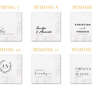 May include: Six white square paper napkins featuring black printed text and designs. Each napkin displays unique personalized wedding details including names like Janessa & Angelo, Jennifer & Alexander, Christina & Freddie, and dates.
