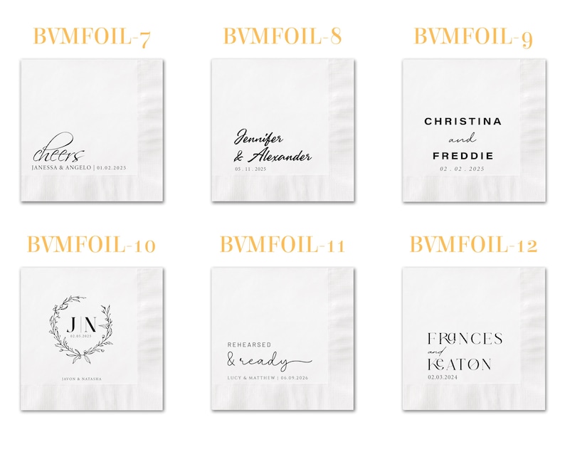 May include: Six white square paper napkins featuring black printed text and designs. Each napkin displays unique personalized wedding details including names like Janessa & Angelo, Jennifer & Alexander, Christina & Freddie, and dates.