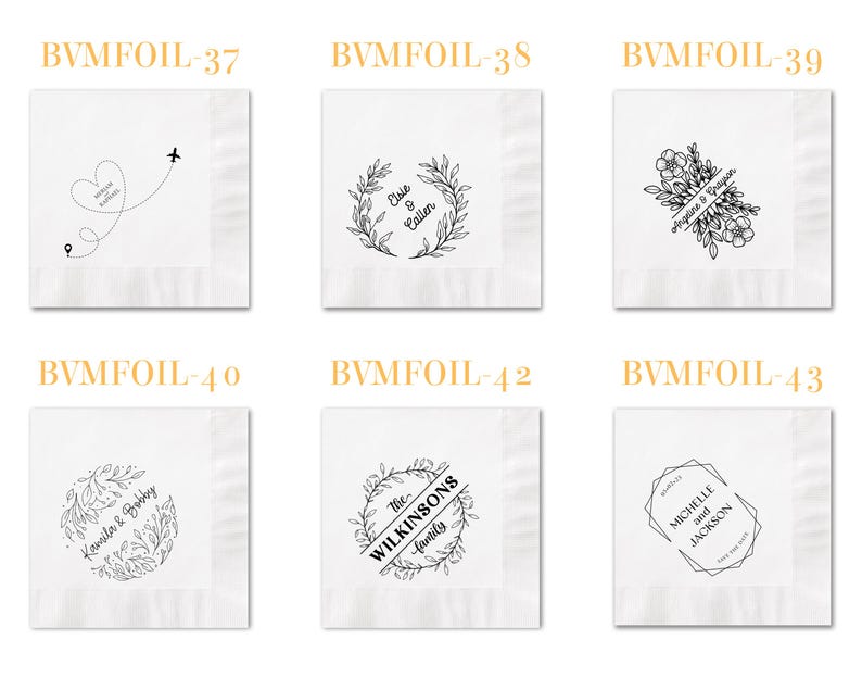 May include: Six white square paper napkins featuring black ink designs. Designs include a flight path with a heart, various botanical wreaths with names like Elsie & Callen, Kamila & Bobby, and The Wilkinsons, plus floral and geometric frame motifs.
