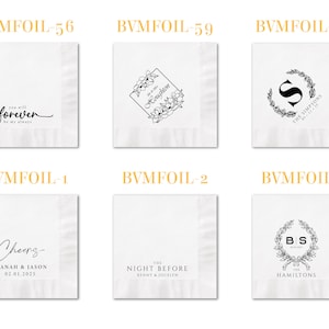 May include: Six white square paper napkins featuring black printed designs. Designs include the text you will forever be my always, a floral diamond frame, a letter S in a wreath, the word Cheers with names, The Night Before, and a wreath with initials.