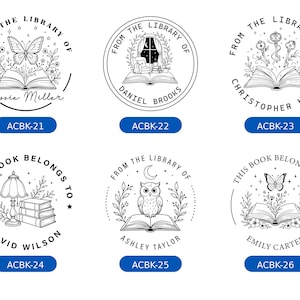 May include: Six circular black and white book stamp designs featuring illustrations of open books, butterflies, keys, an owl, and a lamp. Each design includes text such as From the Library of or This Book Belongs To, followed by names like Jessie Miller, Daniel Brooks, Christopher Hayes, David Wilson, Ashley Taylor, and Emily Carter.