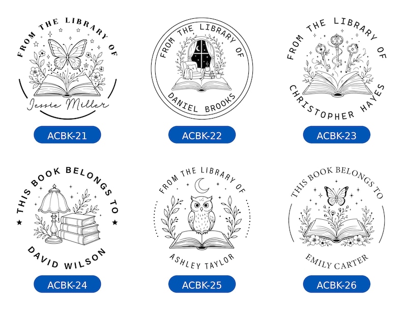 May include: Six circular black and white book stamp designs featuring illustrations of open books, butterflies, keys, an owl, and a lamp. Each design includes text such as From the Library of or This Book Belongs To, followed by names like Jessie Miller, Daniel Brooks, Christopher Hayes, David Wilson, Ashley Taylor, and Emily Carter.