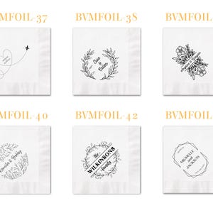 May include: Six white square paper napkins featuring black ink designs. Designs include a flight path with a heart, various botanical wreaths with names like Elsie & Callen, Kamila & Bobby, and The Wilkinsons, plus floral and geometric frame motifs.