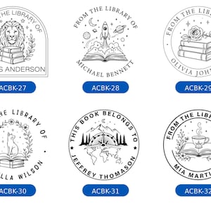 May include: A collection of six circular and arched black and white custom book stamp designs featuring illustrations of lions, rockets, roses, cats, compasses, and tea cups with personalized names including James Anderson and Mia Martinez.