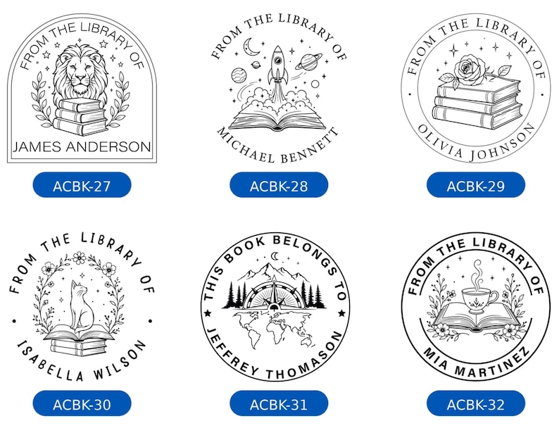 May include: A collection of six circular and arched black and white custom book stamp designs featuring illustrations of lions, rockets, roses, cats, compasses, and tea cups with personalized names including James Anderson and Mia Martinez.