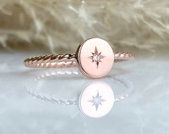 Star Set Stacking Ring, Diamond Signet Ring in 14k Rose Gold with Twist Band, Dainty Ring