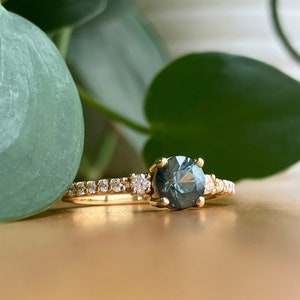 Teal Sapphire Engagement Ring with Genuine Blue Green Sapphire and Genuine Diamonds set in Solid 14k Yellow Gold