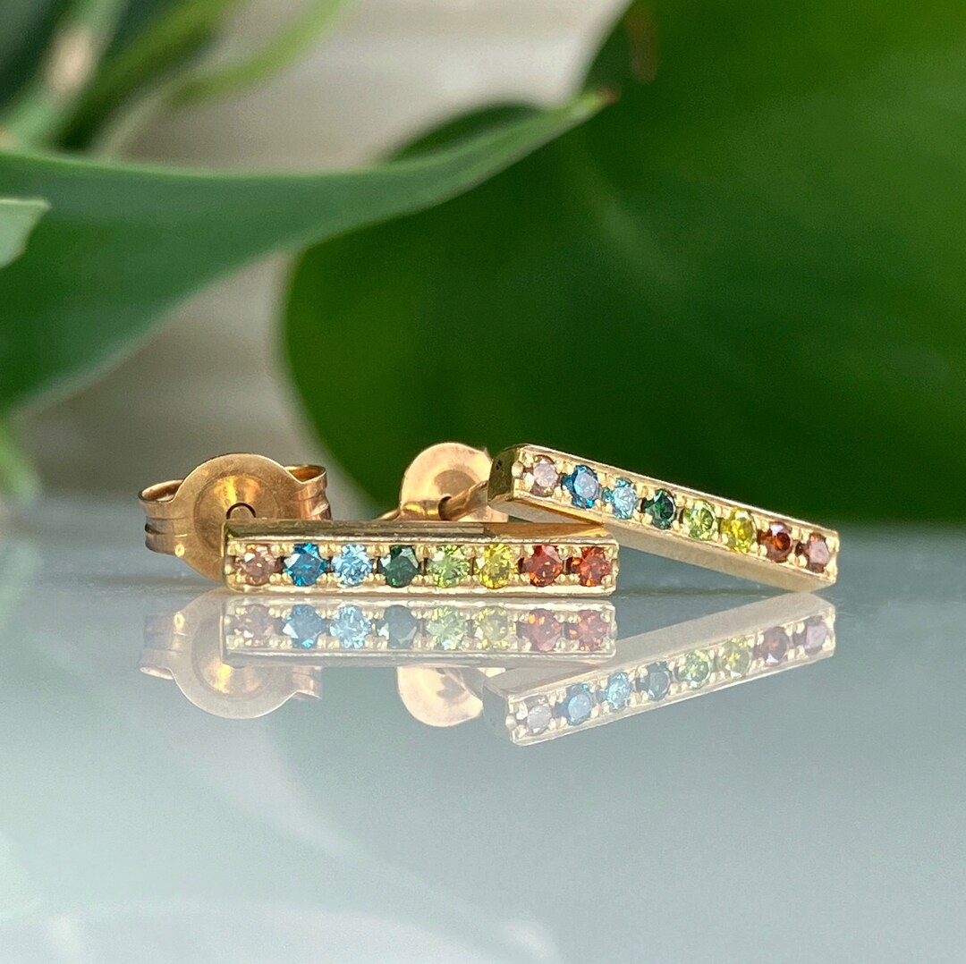 Handmade 10k Yellow Gold Rainbow Diamond Bar Stud Earrings Etsy
