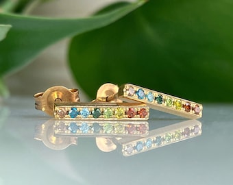 Rainbow Earrings, Genuine Diamonds Pave Set in Solid 10k Yellow Gold, Yellow Gold Bar Stud Earrings