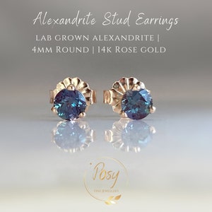 Alexandrite Stud Earrings, Lab Grown Colour Change Alexandrite Set in Solid 14k Rose Gold, June Birthstone Earrings image 5