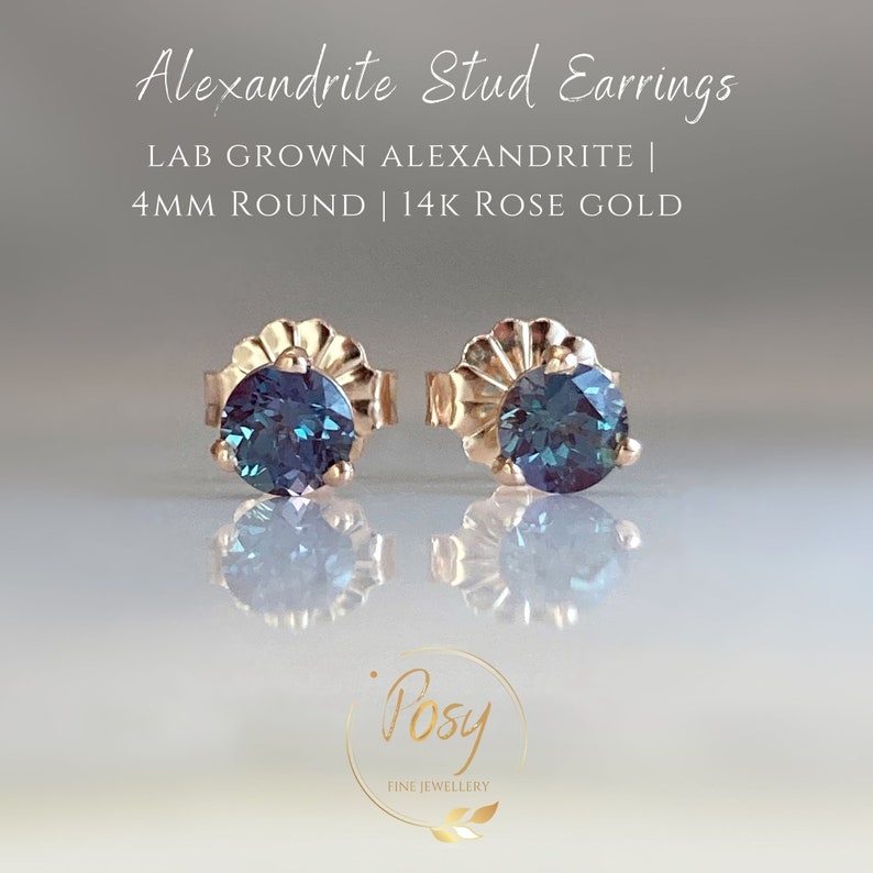 Alexandrite Stud Earrings, Lab Grown Colour Change Alexandrite Set in Solid 14k Rose Gold, June Birthstone Earrings image 5