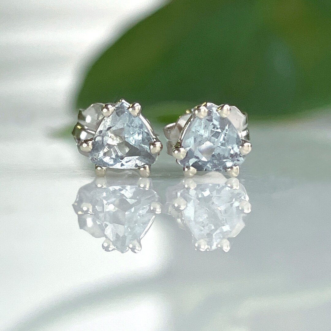 Aquamarine Stud Earrings, Trillion Cut Genuine Aquamarine Set in Solid
