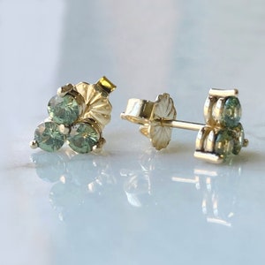 Demantoid Garnet Earrings, Rare Demantoid Green Garnet Three Stone Stud Earrings in Solid 14k Yellow Gold, January Birthstone Gift