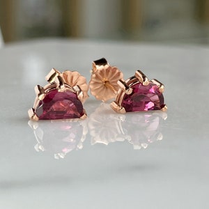 Rhodolite Garnet Stud Earrings: 14k Rose Gold Half Moon - January Birthstone