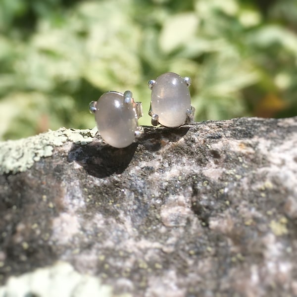 Grey Moonstone Stud Earrings, Genuine Oval Cabochon Moonstones Set in Solid Sterling Silver, Gray Moonstone Earrings