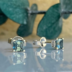 Teal Montana Sapphire Stud Earrings, Asscher Cut Sapphires, Solid 14k White Gold and Sapphire Stud Earrings, September Birthstone Earrings