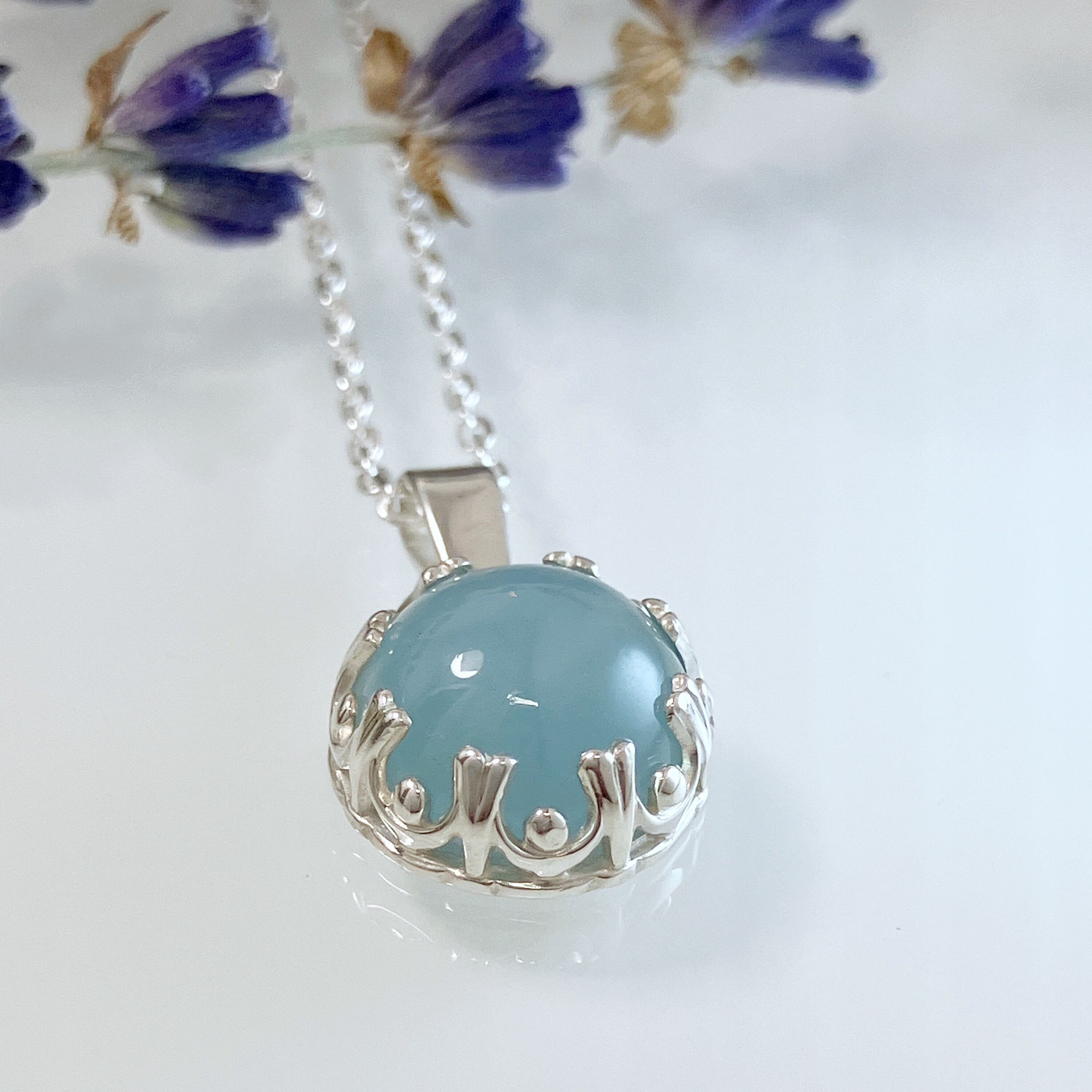 Genuine Aquamarine Cabochon Pendant, Aquamarine Set in Solid