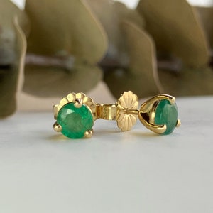 Genuine Emerald Stud Earrings in Solid 14k Yellow Gold, Natural Emerald May Birthstone Earrings