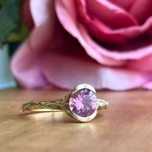 Pink Sapphire Engagement Ring Inspired by a Rose Garden in Solid 14k Green Gold, Natural Dusty Rose Coloured Sapphire Ring