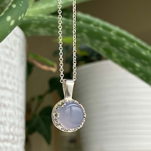 Genuine Chalcedony Pendant in Sterling Silver, Lilac Purple Chalcedony Cabochon Necklace, Crown Style Pendant
