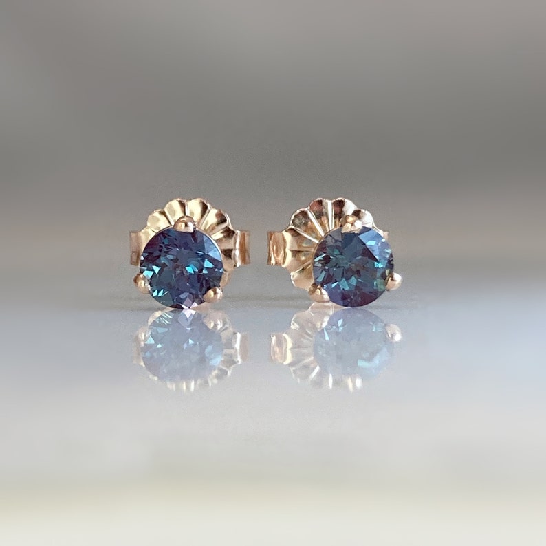 Alexandrite Stud Earrings, Lab Grown Colour Change Alexandrite Set in Solid 14k Rose Gold, June Birthstone Earrings image 2