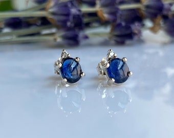 Sapphire Stud Earrings, Genuine Oval Cabochon Blue Sapphires Set in Solid 14k White Gold with Genuine Diamonds, September Birthstone