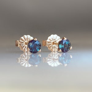 Alexandrite Stud Earrings, Lab Grown Colour Change Alexandrite Set in Solid 14k Rose Gold, June Birthstone Earrings image 1