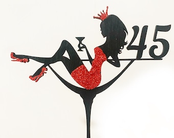 45. Geburtstag/Silhouette Cake Topper Frau/Prinzessin Happy Birthday/Topper Mädchen mit einem Glas. Elegant